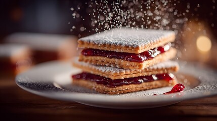 Elegant layered cookies enriched with vibrant jam and delicately dusted with powdered sugar, artfully arranged on a pristine plate to evoke refined dessert artistry
