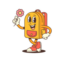 Gentle backpack mascot holds a pink flower while smiling warmly, expressing kindness, gratitude, and positive emotion. Perfect for emotional design, gifts, or school visuals. vector illustration