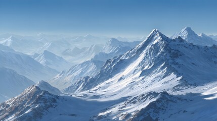 Expansive Mountain Panorama: A Tranquil Vista of Snow-Covered Peaks Under a Clear Blue Sky