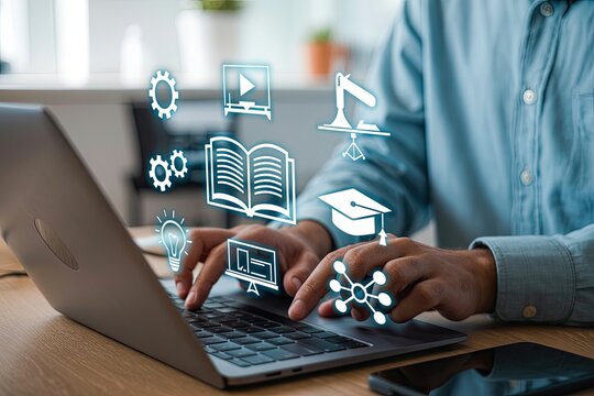 Person using a laptop with glowing digital icons representing education technology online learning and innovation concepts