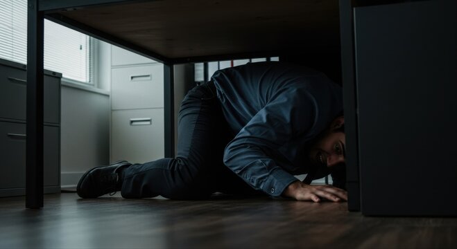 Man hiding under desk in fear in office with fearful expression  