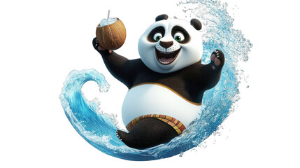 A playful cartoon panda catching a wave balancing on water