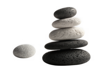 Balancing stack of smooth grey and dark lava stones isolated on transparent background. Balanced stack of smooth stones and single pebble for serenity and meditation