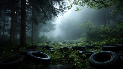 Dramatic Forest Scene with Abandoned Tires Highlighting the Human Impact on Nature Through Misty and Atmospheric Photography