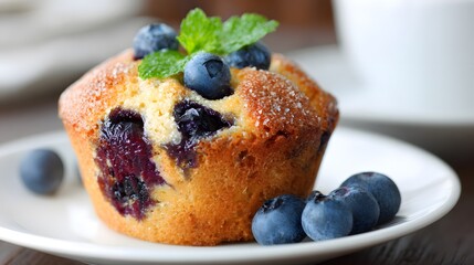Exquisitely Detailed Freshly Baked Blueberry Muffin on a Pristine White Plate Showcasing Golden Crust, Vibrant Juicy Berries, and Rustic Artisanal Charm
