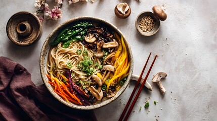 Top-Down Capture of an Artisan Noodle Bowl with Crisp Vegetables and Earthy Mushrooms in a Minimalistic Setting