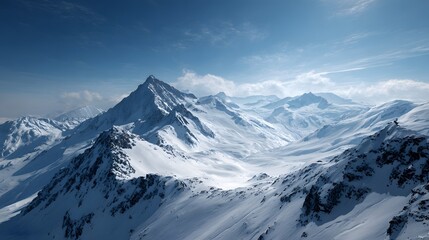 Expansive Mountain Panorama: A Tranquil Vista of Snow-Covered Peaks Under a Clear Blue Sky