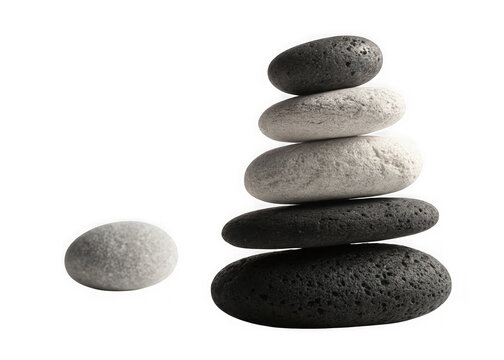 Balancing stack of smooth grey and dark lava stones isolated on transparent background. Balanced stack of smooth stones and single pebble for serenity and meditation