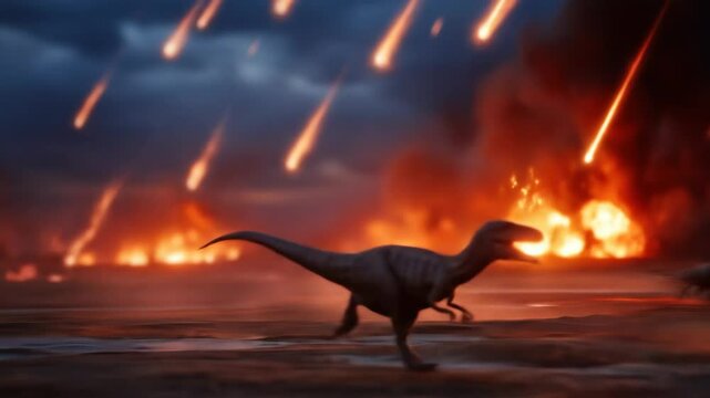 Dinosaurs are seen fleeing as fiery meteors fall, marking the dinosaur extinction event and the end of an era.