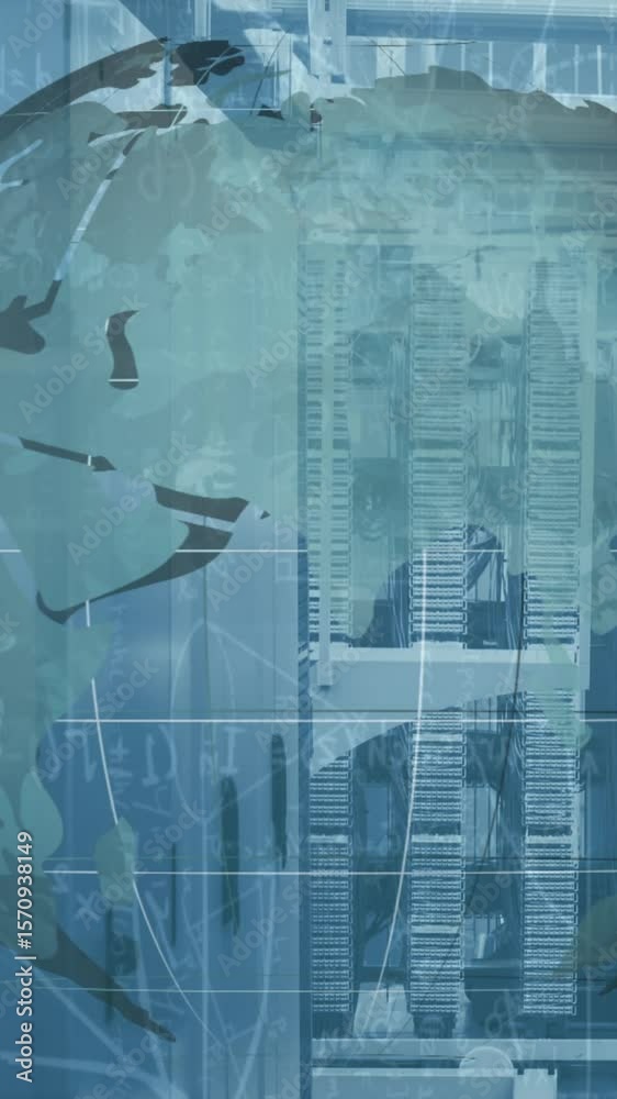 Poster animation of globe spinning and data over tech room with computer servers