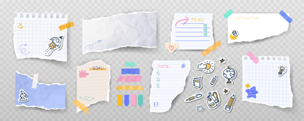 Collection of torn paper pieces with ripped edges, notepad sheets, tape strips, school themed stickers, decoration and marker sketches. Vector set of isolated elements for collage, education concept.