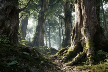 Obraz premium Photorealistic Ancient Forest with Giant Trees – Natural Scenic Landscape