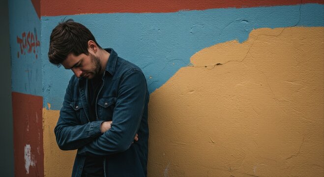 man leaning against wall upset. Young man looking down with crossed arms against a colorful wall  