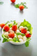 White bowl with mini mozzarella and greens on a gray background