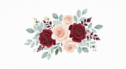 Exquisite Floral Arrangement: A stunning watercolor arrangement of vibrant red and delicate peach roses, complemented by soft green foliage and sprigs.