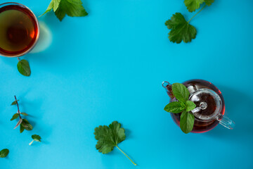 Green tea from currant and mint leaves in a glass teapot