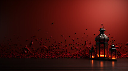 Fototapeta premium Ramadan kareem greetings design with lantern in red background.