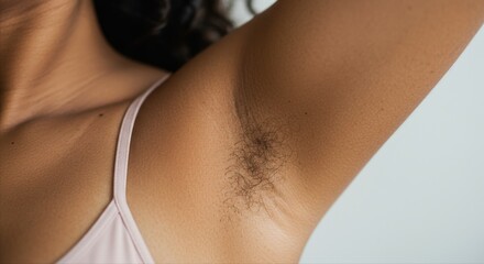 person showing armpit hair closeup. Woman with unshaven armpit raising her arm against white background  