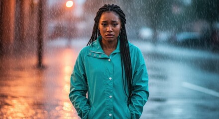 Young black woman standing in the rain, looking serious on street. partner walking out into rain  