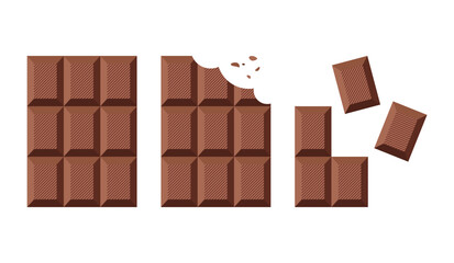 Chocolate bar icon on white background. Whole chocolate, bitten chocolate, chocolate pieces.