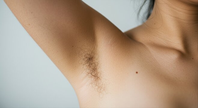 person showing armpit hair closeup with raised arm in natural light  