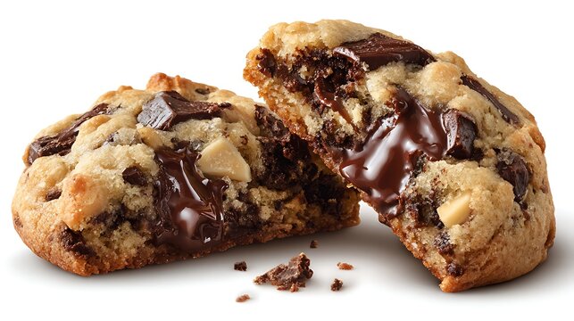 Cookies sliced open showing melty chocolate core and crunchy outer shell