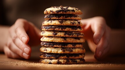 Cookie tower with visible crisp outer layers and dark moist middle