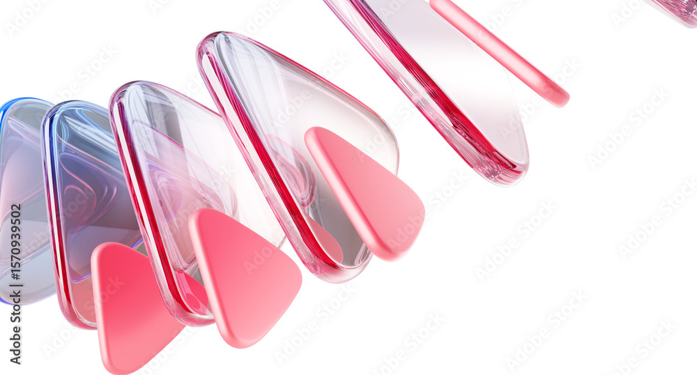 Poster 3d pink background with glass and plastic triangle plate shapes. abstract line array wave pattern. d