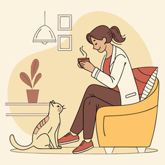 A woman relaxing in a chair with a cup of tea and a cat in a cozy room with decorations on the wall