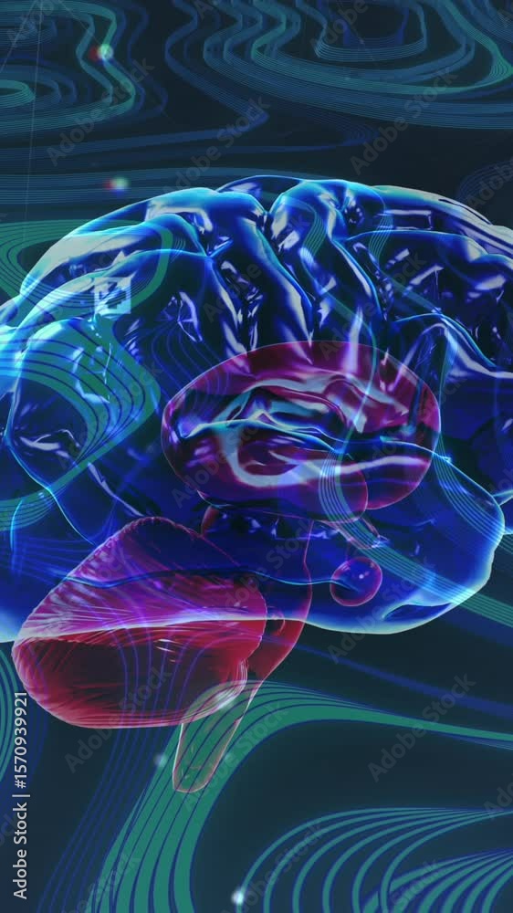 Poster animation of transparent blue brain rotating on green background with flashing points of light