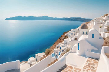Fototapeta premium Greece vacation holiday, sunny seaside town background wallpaper backdrop. Travel destination, resort, beautiful nature view, panorama