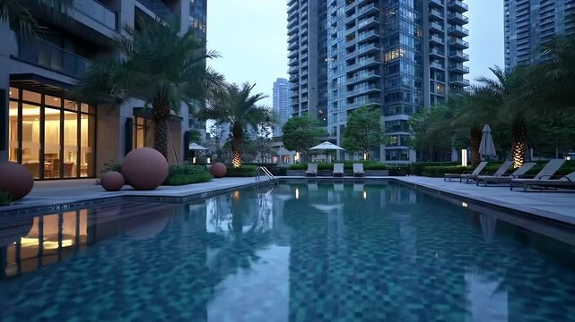 Outdoor Pool at Dusk Reflecting City Buildings with Palm Trees and Architectural Lighting in a Tranquil Urban Setting