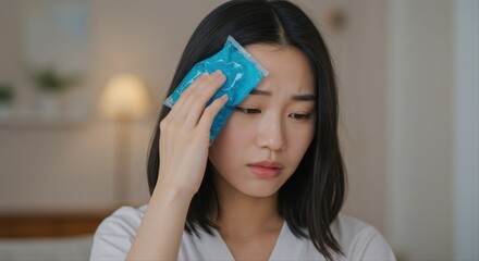 Young woman applying cold pack to forehead while looking concerned. woman holding cold compress