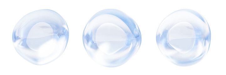3d blue liquid ball. Render realistic set of water bubble with transparent texture and light reflection. Abstract fluid sphere, beauty care collagen serum, hyaluron skin essence drop
