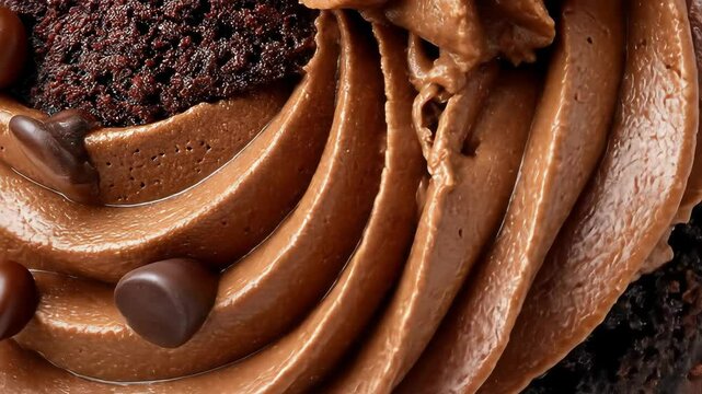 A luscious chocolate cake with rich frosting and decadent chocolate chips is shown in macro, a perfect dessert to savor and enjoy.