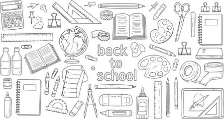 Back to school supplies vector illustration, school items doodle art, education tools and stationery set, line art