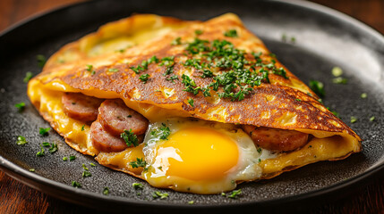 Triangle crepe filled with runny egg, savory sausage, and golden cheese; glossy, crispy exterior shines under studio light &ndash; food photography, culinary delight, high detail
