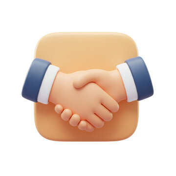 Illustration of a handshake with blue and white sleeves on a rounded square beige background