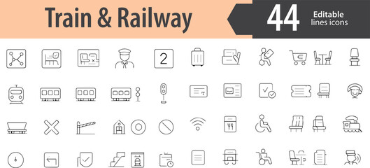 Train and Railway Line Icons, Locomotive, Railway Track, Train Ticket, Station, High-Speed Rail, Editable Formats: AI, EPS, PNG, JPG, Ideal for Both Digital and Print Use
