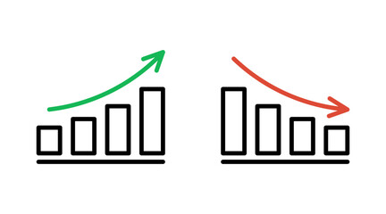 Graph growth with arrow up and reduction with arrow down, line chart icon. Financial invest, fall, increase and decrease. Statistics and analytics. Vector flat illustration