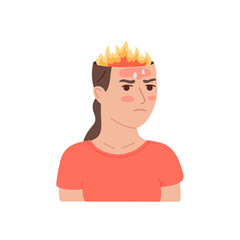Human head with fire, angry woman. Brain with flame, burnout on stress. Intense brain activity from overwork, tension, multitasking. Mental illness. Vector flat illustration