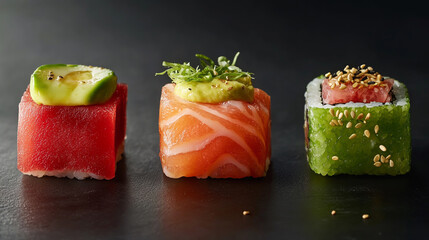 A deluxe sushi trio: vibrant Yuzu Citrus Roll glows with zest, creamy Avocado Roll blends with elegance, and rich Tuna Roll bursts with flavor – all styled with premium artistry