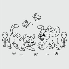 Cat and Dog with Tulips and Butterflies