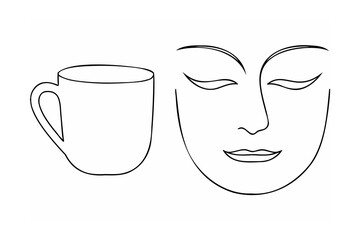 Simple black line drawing of a coffee cup and a serene face