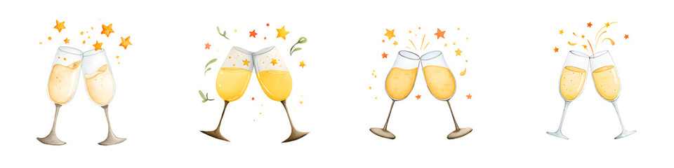 Watercolor Illustration of Champagne Glasses Toasting with Stars and Floral Elements, Celebrating a Special Occasion on Isolated White Background
