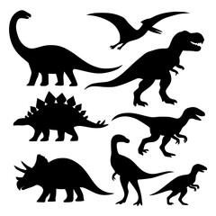 Silhouettes of various dinosaurs in different poses and sizes  