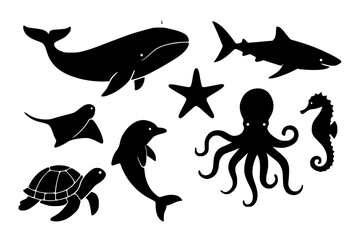 Obraz premium Silhouette collection of ocean animals including whale, shark, octopus 