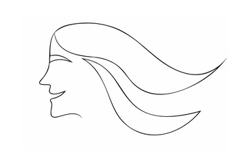 Smiling woman face outline with flowing hair line art