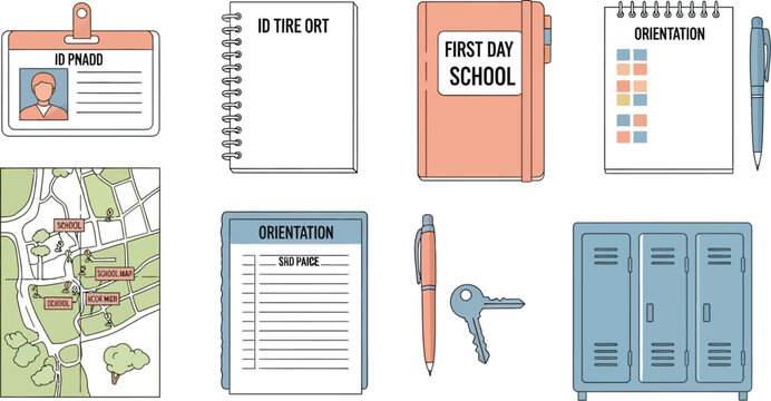 Back to school essentials checklist and orientation items for students and teachers vector illustration