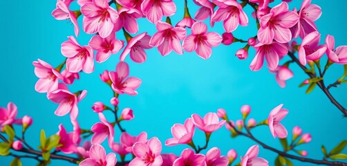 Circular arrangement of pink blossoms, vibrant against a blue backdrop,  feminine,  floral arrangement